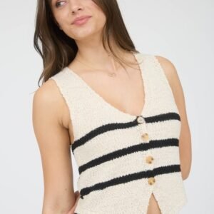 CHALECO DE PUNTO SIN MANGAS CON BOTONES DELANTEROS Y CUELLO EN V A RAYAS